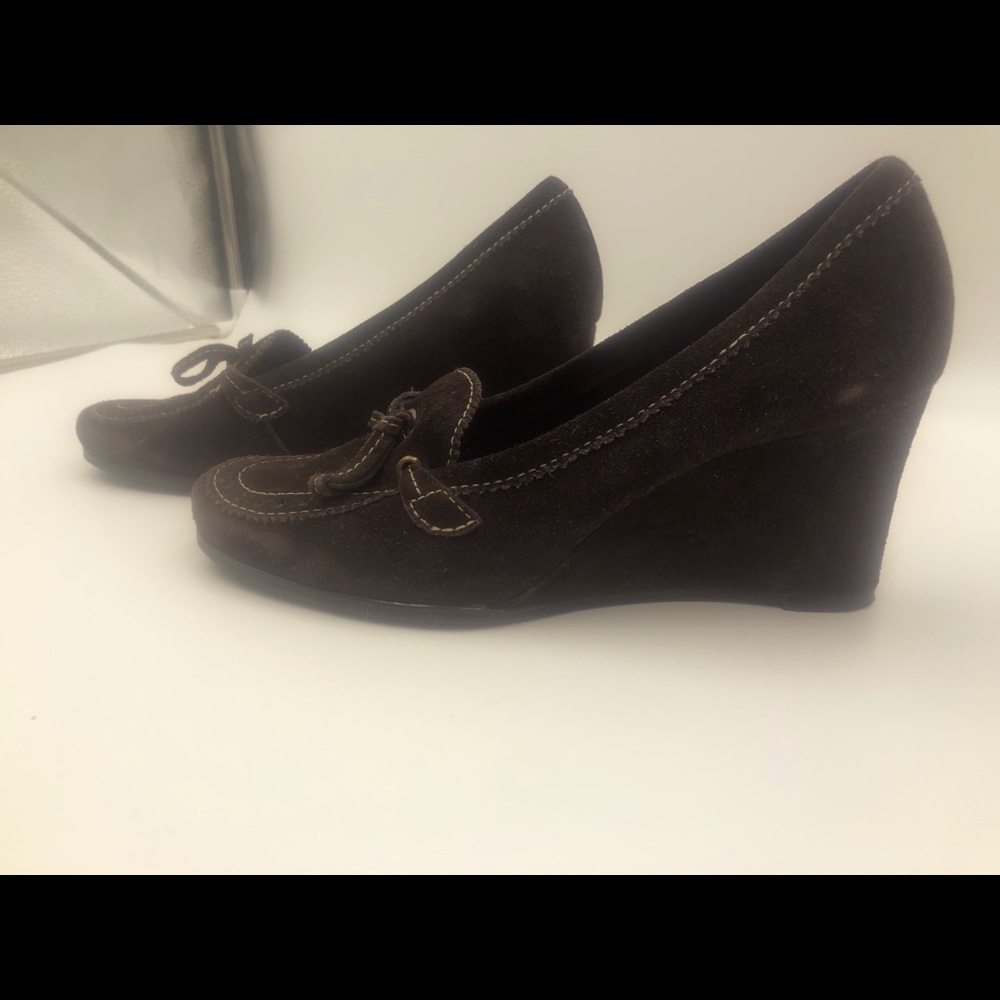 Brown wedge slip on